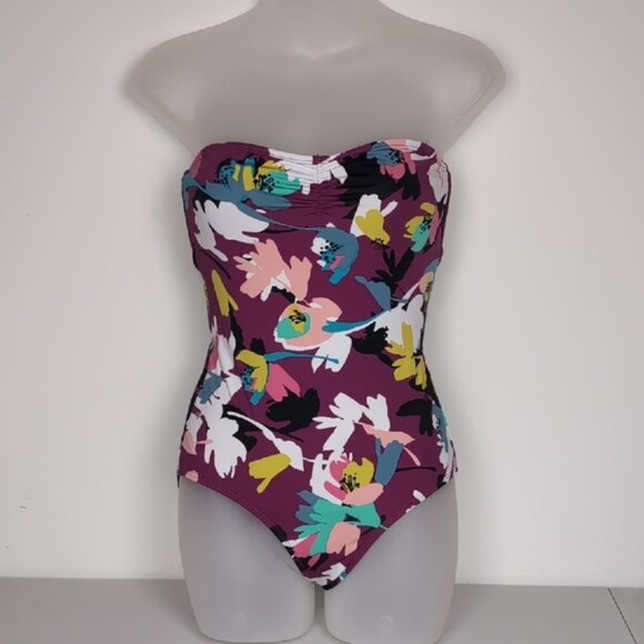 Cole Of California Floral Strapless Swimsuit Magenta Strappy Open Back One Piece - Picture 11 of 11